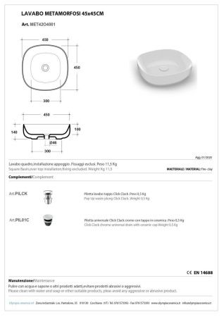 Раковина керамическая Olympia Metamorfosi MET42O4001 50х50 накладная цвет белый