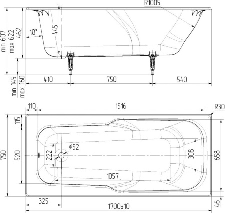 Ванна чугунная Эврика 4607152360103 170х75 пристенная