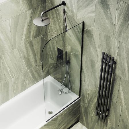 Душевая шторка на ванну Maybah Glass MGV-154-6у 75х140 стекло прозрачное профиль черный ориентация универсальная