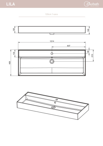 Раковина керамическая Visobath Lila 73520 120х48 встраиваемая цвет белый глянцевый 1 отверстие под смеситель - фото 2