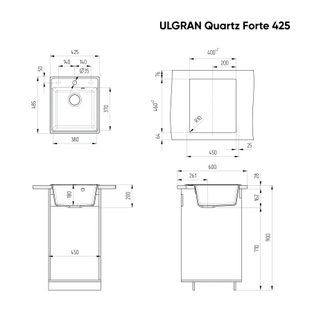 Кухонная мойка Ulgran Quartz Forte 425-07 43х49 цвет черный поверхность матовая