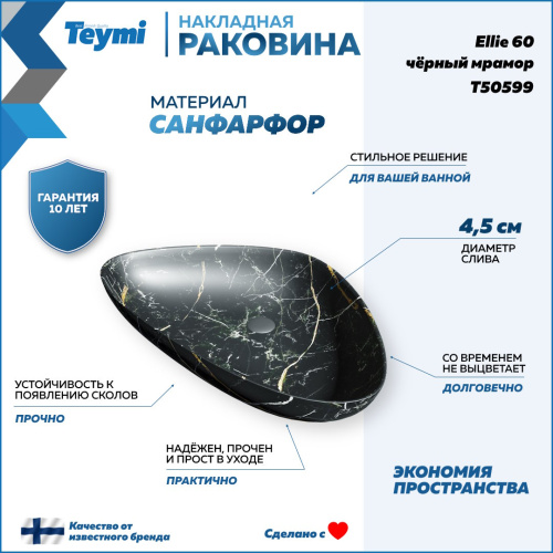 Раковина из сантехнического фарфора Teymi Ellie 59 см T50599 накладная цвет черный - фото 2
