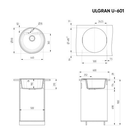 Кухонная мойка Ulgran Classic U-601-345 51х51 цвет коричневый