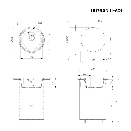 Кухонная мойка Ulgran Classic U-601-310 51х51 цвет серый - фото 2
