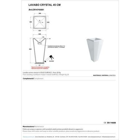 Раковина из сантехнического фаянса Olympia Crystal CRY4745001 50х50 напольная цвет белый