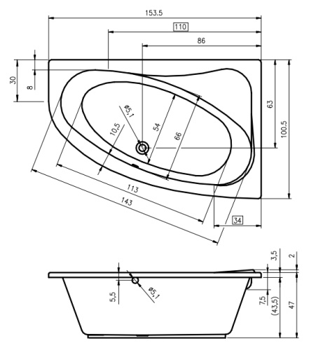 Ванна акриловая Riho LYRA B022001005 153х100 пристенная асимметричная - фото 2