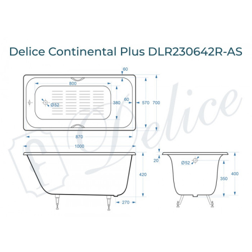 Ванна чугунная Delice Continental PLUS DLR230642R-AS 100х70 пристенная прямоугольная - фото 2