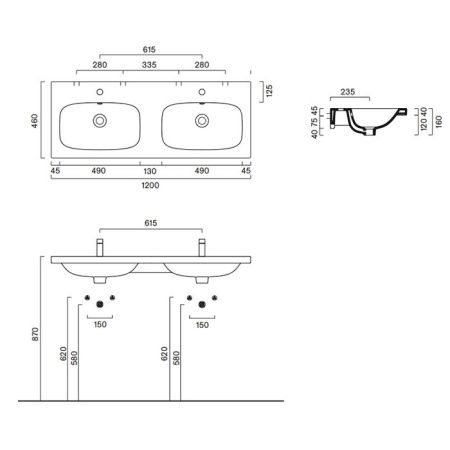 Раковина керамическая Catalano Alvea 621222001 120 см подвесная цвет белый 1 отверстие под смеситель