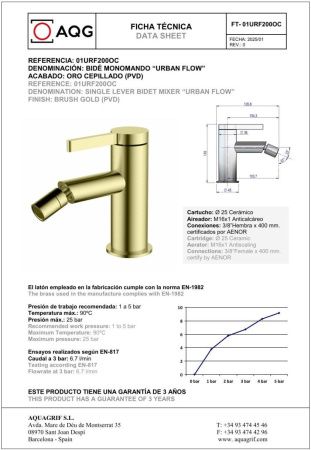Смеситель AQG Urban Flow 01URF200OC на биде золото