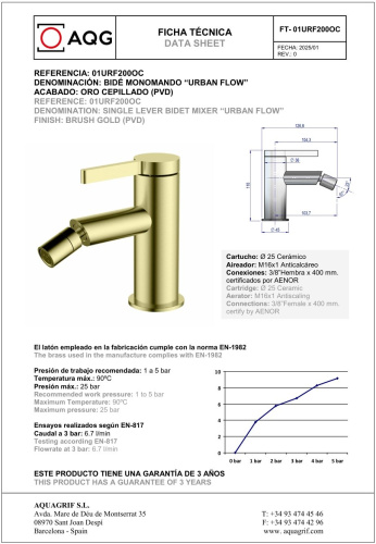 Смеситель AQG Urban Flow 01URF200OC на биде золото матовое - фото 2 Смеситель AQG Urban Flow 01URF200OC на биде золото матовое - фото 2