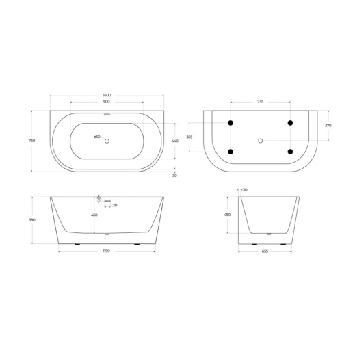 Ванна акриловая BelBagno BB710-1400-750 140х75 пристенная полукруглая - фото 3