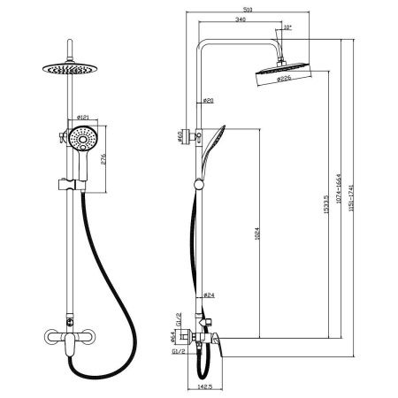 Душевая стойка Rossinka RS45 RS45-45 настенная цвет хром