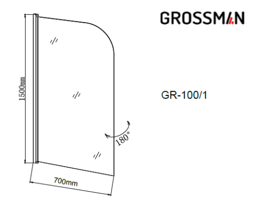 Душевая шторка на ванну Grossman GR-100/1 70х150 стекло прозрачное профиль хром глянцевый - фото 3