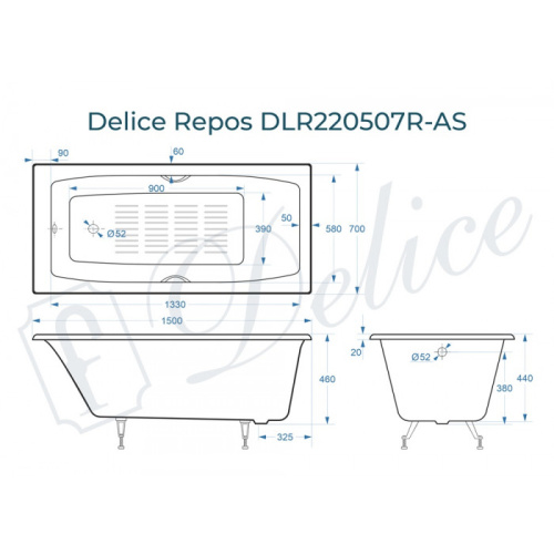Ванна чугунная Delice Repos 150x70 пристенная прямоугольная - фото 2