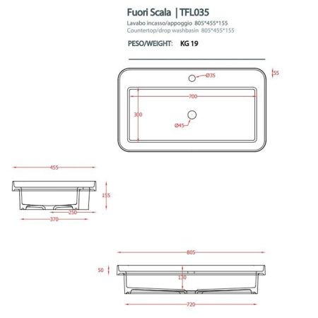 Раковина керамическая Artceram Fuori Scala TFL035 17 00 *1 80 см встраиваемая цвет черный 1 отверстие под смеситель