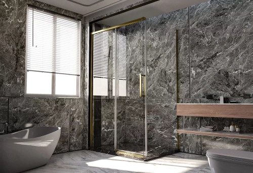 Душевой уголок Veconi Premium Trento PTC40-SP-15090-G-01-C4 150х90 стекло прозрачное профиль золото брашированное без поддона