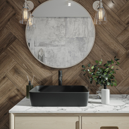 Раковина из сантехнического фарфора Teymi Helmi T50293 48х37 накладная цвет черный без отверстий под смеситель