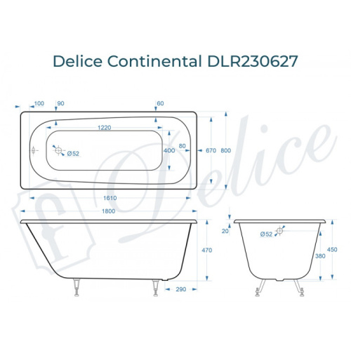 Ванна чугунная Delice Continental DLR230627 180х80 пристенная прямоугольная - фото 2