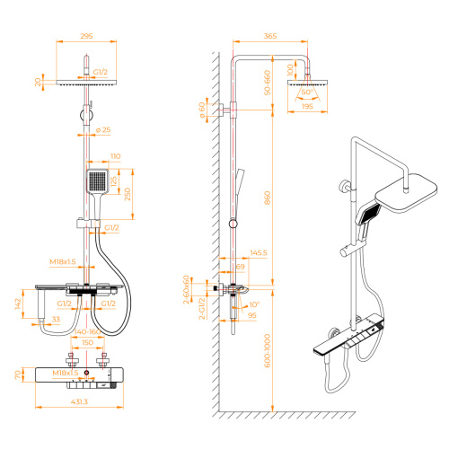 Душевая стойка RGW Shower Panels (Шоувер панелс) 51140135-11 настенная цвет серый с термостатом - фото 5