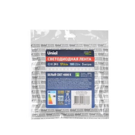 Светодиодная лента Uniel ULS-2835 ULS-2835-180LED/m-10mm-IP20-DC24V-17W/m-5M-4000K катушка в герметичной упаковке