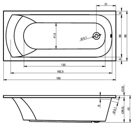 Ванна акриловая Riho MIAMI B061001005 180х80 пристенная прямоугольная без ножек