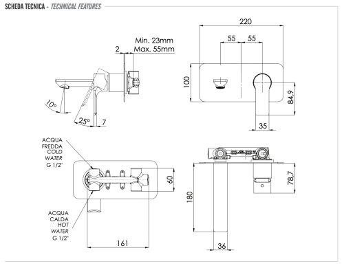Смеситель для раковины Remer Energy EY15 встраиваемый в стену хром - фото 2