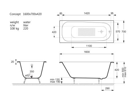 Ванна чугунная Vinsent Veron Concept VCO1607042-AS 160х70 пристенная прямоугольная с ножками