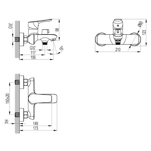 Смеситель для ванны LeMark Selena LM0812C настенный хром - фото 2