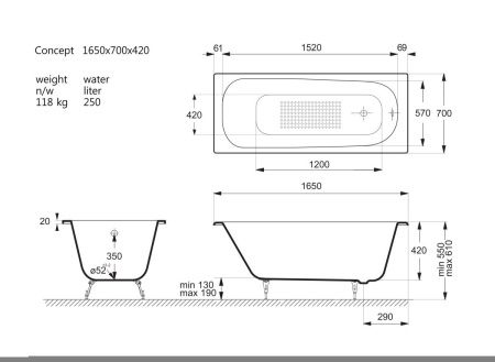 Ванна чугунная Vinsent Veron Concept VCO1657042-AS 165х70 пристенная прямоугольная с ножками