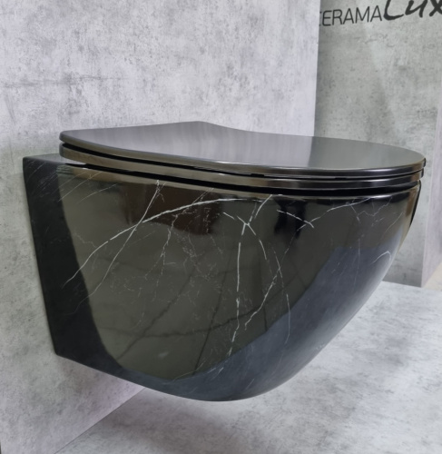 Унитаз подвесной CeramaLux 2212BM черный мрамор с сиденьем микролифт каскадный смыв - фото 3