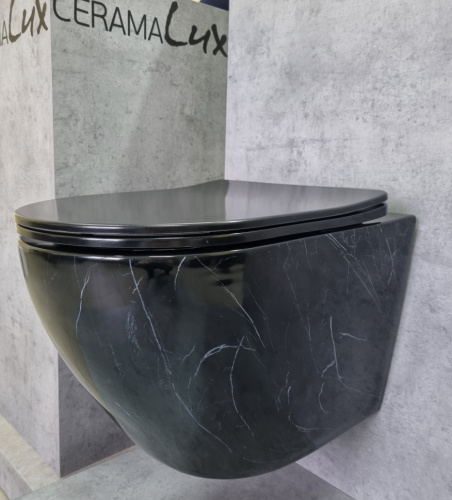 Унитаз подвесной CeramaLux 2212BM черный мрамор с сиденьем микролифт каскадный смыв - фото 2