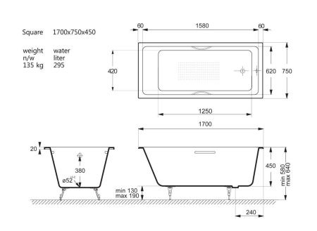 Ванна чугунная Vinsent Veron Square VSQ1707545H/E60327CH-AS 170х75 пристенная прямоугольная с ножками с ручками