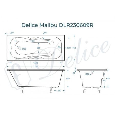Ванна чугунная Delice Malibu DLR230609R 170х75 пристенная прямоугольная без ножек с отверстиями под ручки