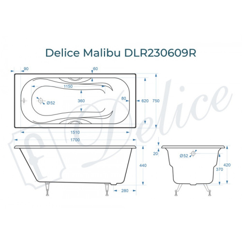 Ванна чугунная Delice Malibu DLR230609R 170х75 пристенная прямоугольная - фото 2