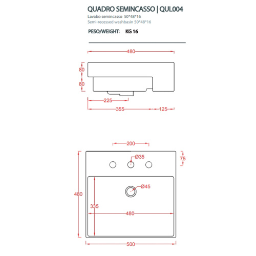 Раковина керамическая Artceram QUADRO 50 см QUL004 01 00 встраиваемая цвет белый - фото 2