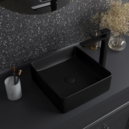 Раковина керамическая Iddis Slide SLIBM01i27 40х40 накладная цвет черный без отверстий под смеситель