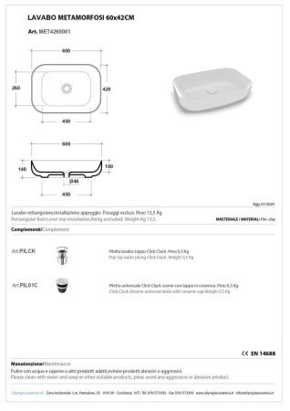 Раковина керамическая Olympia Metamorfosi MET4260001 60х40 накладная цвет белый