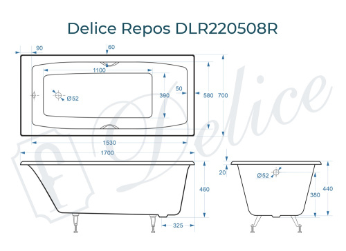 Ванна чугунная Delice Repos DLR220508RB 170х70 пристенная прямоугольная без ножек с ручками - фото 2