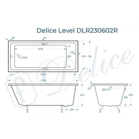 Ванна чугунная Delice Level DLR230602R 170х75 пристенная прямоугольная без ножек с отверстиями под ручки