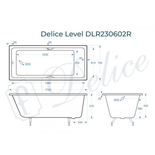 Ванна чугунная Delice Level DLR230602R 170х75 пристенная прямоугольная - фото 2