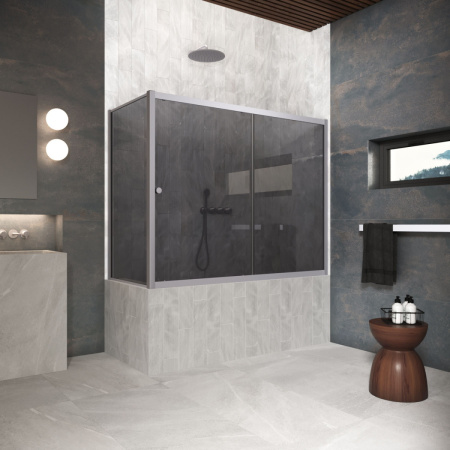 Душевая шторка на ванну Vegas-Glass ZV+ZVF Protec ZV+ZVF Protec 160*90 07 07 160х140 стекло тонированное профиль хром матовый ориентация универсальная