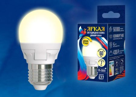 Лампа светодиодная диммируемая Uniel LED-G45 7W/3000K/E14/FR/DIM PLP01WH картон