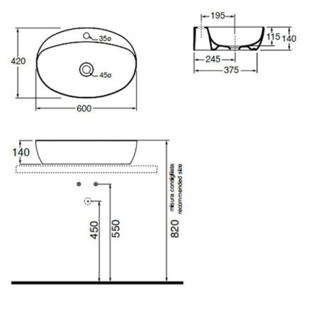 Раковина из сантехнического фаянса Azzurra ELEGANCE ELLA060420CMBI/(ECI60M bi)*1 60х40 накладная цвет белый 1 отверстие под смеситель