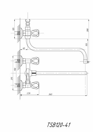 Cмеситель для ванны и душа TSARSBERG TSB-120-41 настенный хром