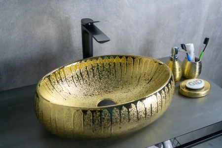 Раковина керамическая Gid Lago 52234 50х30 накладная цвет золото без отверстий под смеситель