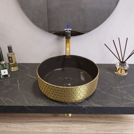 Раковина из сантехнического фаянса Grossman Color GR-5010GBR 40х40 накладная цвет черный/золото без отверстий под смеситель