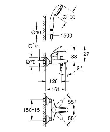 Смеситель Grohe Eurosmart 3330220A настенный хром