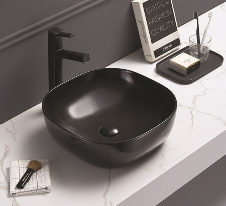 Раковина из санфаянса CeramaLux 78107MB 43х43 накладная цвет черный матовый