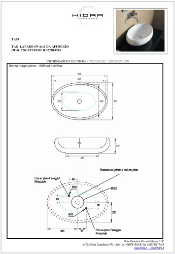 Раковина керамическая Hidra Tao TA20/026 60х40 накладная цвет черный матовый без отверстий под смеситель - фото 2