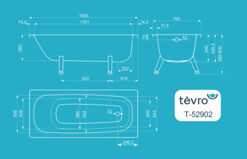 Ванна стальная ВИЗ Tevro Т-52902 150х70 пристенная прямоугольная - фото 4